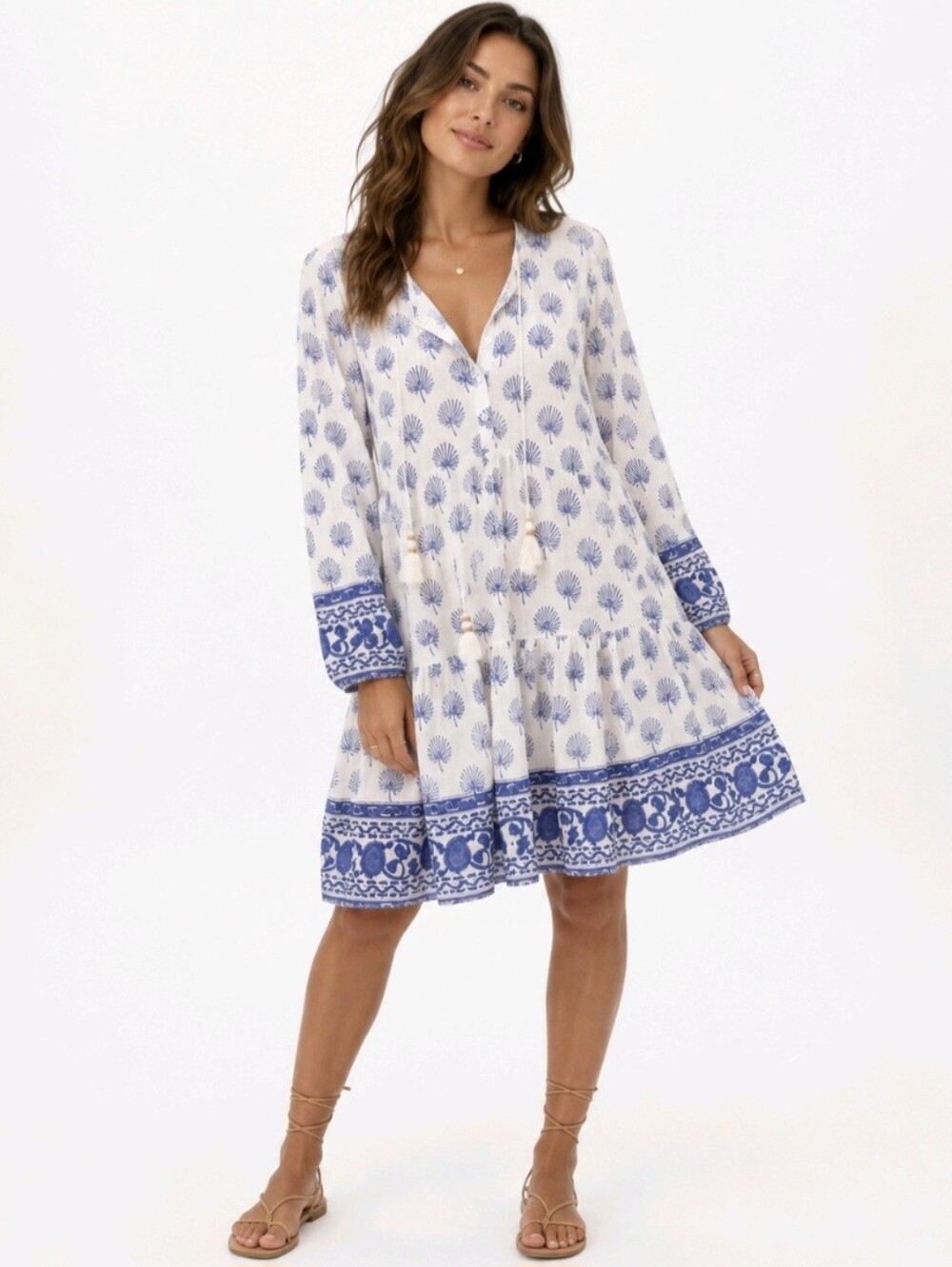 Bell By Alicia Bell Dress White Blue Silk Blend Long Sleeve Tassels Mini Size L